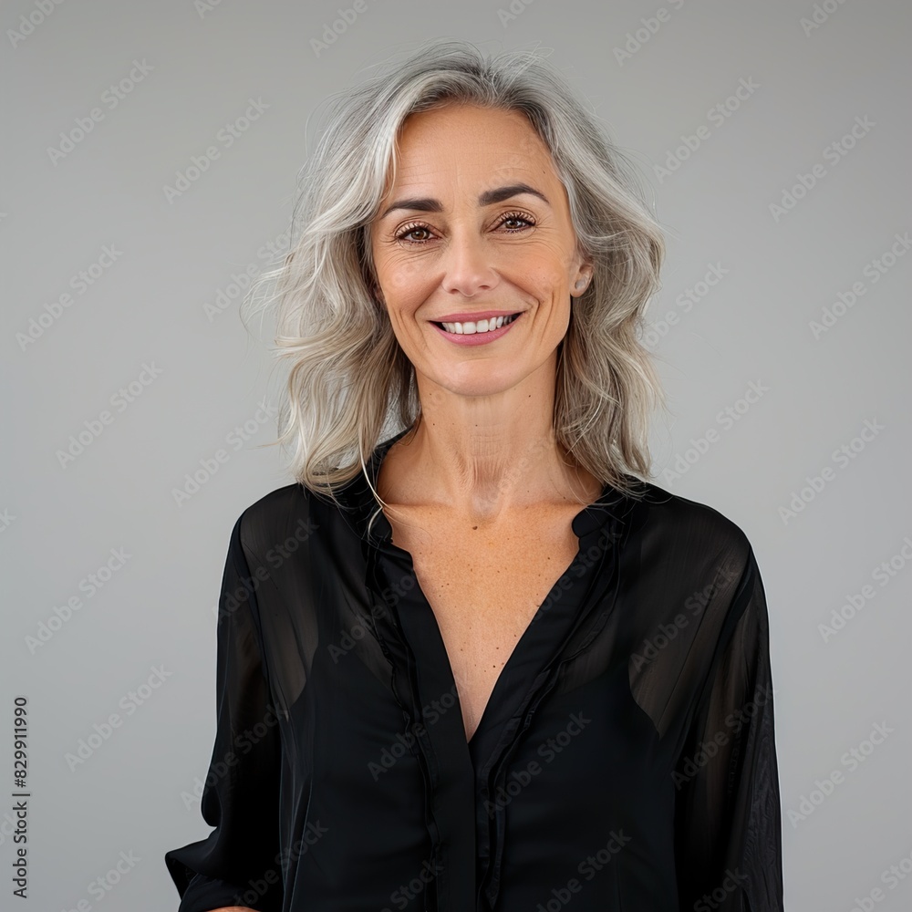 Beautiful middle aged woman on a gray backgroun UHD Wallpapar