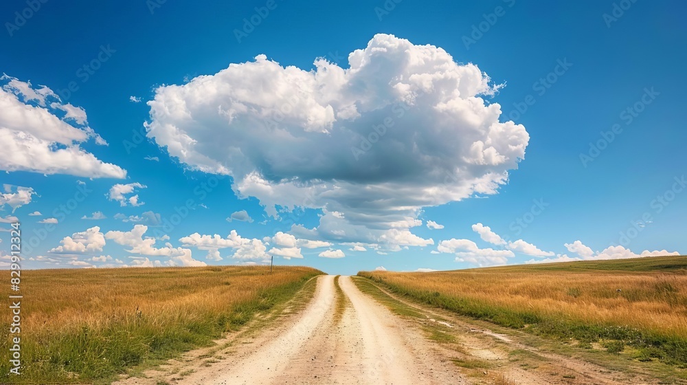 large fluffy white cloud in blue sky above rural dirt road idyllic countryside landscape large fluffy white cloud in blue sky above rural dirt road idyllic countryside landscape
