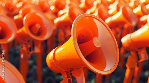 large group of orange megaphones making loud noise conceptual 3d illustration photo