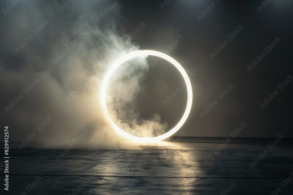 Glowing white circle with smoke in dark empty room