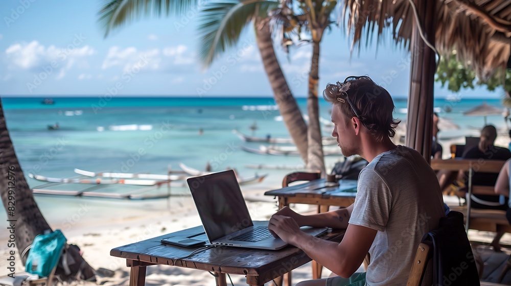 Embracing the Freedom: Inspiring Image of a Digital Nomad Creatively Engaged in Remote Work, Blending Technology and Adventure in a Vibrant Global Landscape