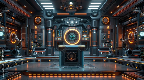 A stage featuring a podium with robotic arms, and a backdrop of rotating gears and machinery. Minimal and Simple style photo