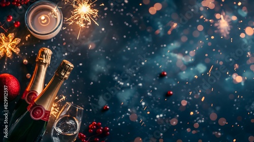 Champagne bottles and holiday decorations with sparklers against a dark  sparkling background  creating a festive atmosphere