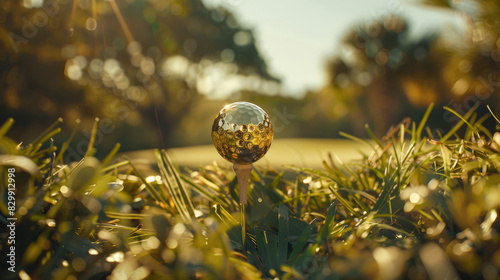 Golden golf ball stands on the golf tees on the background of luxury golf course grass. A great game sport . generative ai