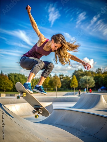 young woman jumping on skateboard