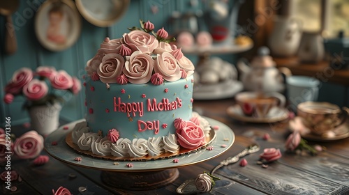 A beautifully decorated cake with "Happy Mother's Day" written in frosting, prepared for a special celebration List of Art Media 3D render