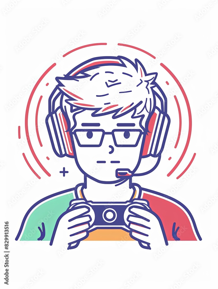 A cartoon of a man wearing headphones and glasses playing a video game A cartoon of a man wearing headphones and glasses playing a video game