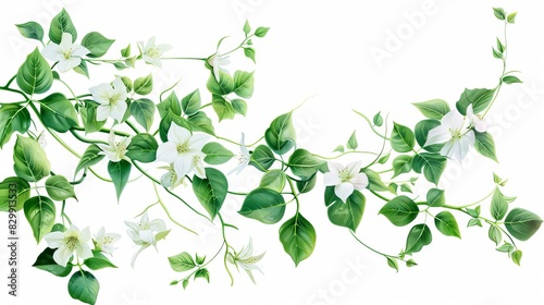 Wallpaper Mural lush green creeper plant with delicate spring flowers isolated on pure white background digital illustration Torontodigital.ca