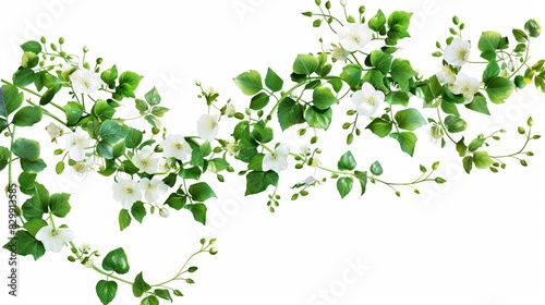 lush green creeper plant with delicate spring flowers isolated on pure white background digital illustration © Jelena