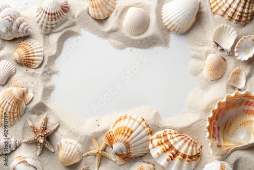 Elegant summer background featuring seashells and starfish arranged on a white surface, perfect for beach-themed designs, invitations, and summer promotions.