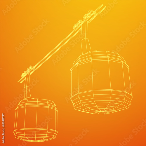 Cable car cabin gondola. Funicular simple cableway concept. Wireframe low poly mesh vector illustration