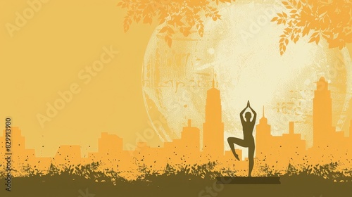 watercolor illustration, vintage postcard, International day of yoga, beautiful young girl in the Vrikshasana pose against the background of the city, copy space, free space for text photo