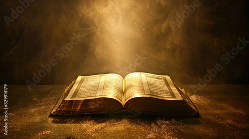 open religious book in the mosque at dawn, ramadan background with magical open book