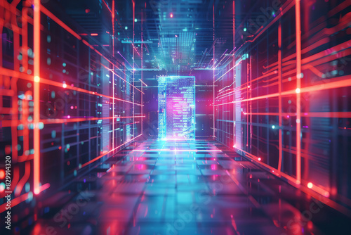 Futuristic digital tunnel with glowing data and neon lights