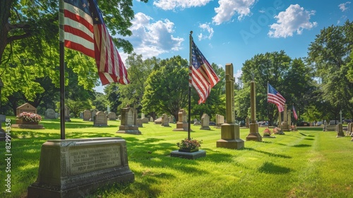 American flags at half-staff in a quiet cemetery on Memorial Day, paying tribute to fallen heroes, with gravestones and vibrant green grass, creating a solemn and respectful scene. Copy space