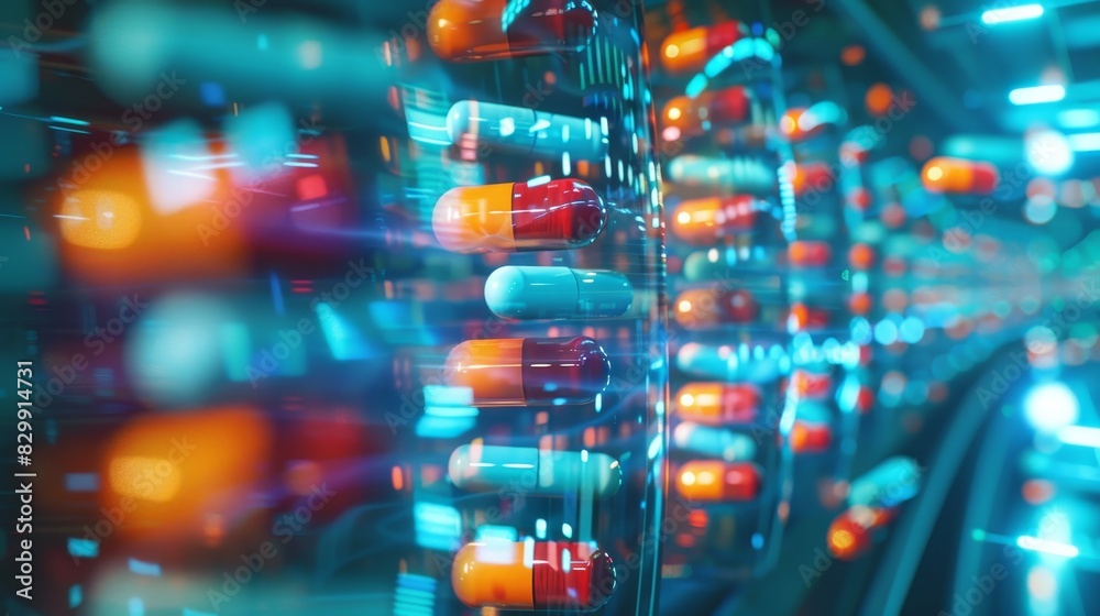 Genetic profiles analysis for pharmacogenomics, top view, showcasing personalized medication plans close up, futuristic tone, complementary colors, double exposure with a digital interface backdrop
