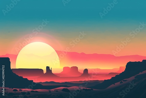 The silhouette of a minimalist sun over a desert landscape