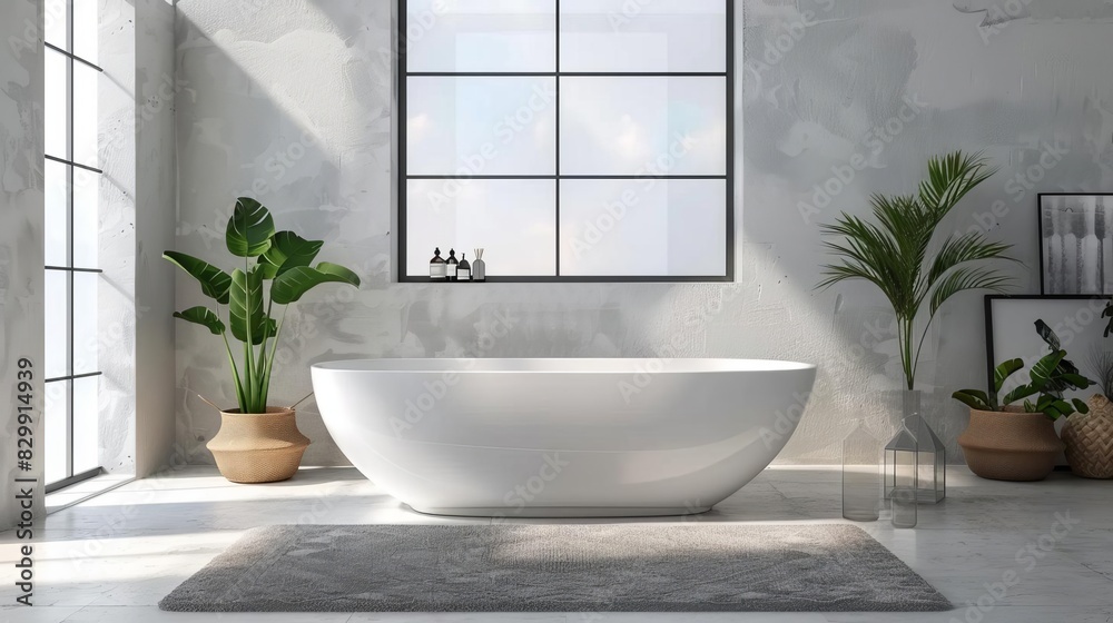 luxurious modern bathroom with freestanding bathtub by large window potted plant and blank wall poster 3d rendering