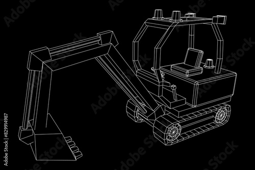 Heavy equipment excavator machine manufacturing power equipment for open pit mining. Wireframe low poly mesh vector illustration