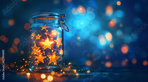 Dreams and stars in a glass jar  fulfillment of lunar wishes on a blue background