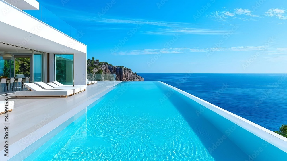 Fototapeta premium luxurious modern white beach hotel with infinity pool overlooking the sea sunbeds on sundeck edited photograph
