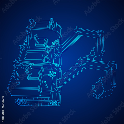 Heavy equipment excavator machine manufacturing power equipment for open pit mining. Wireframe low poly mesh vector illustration