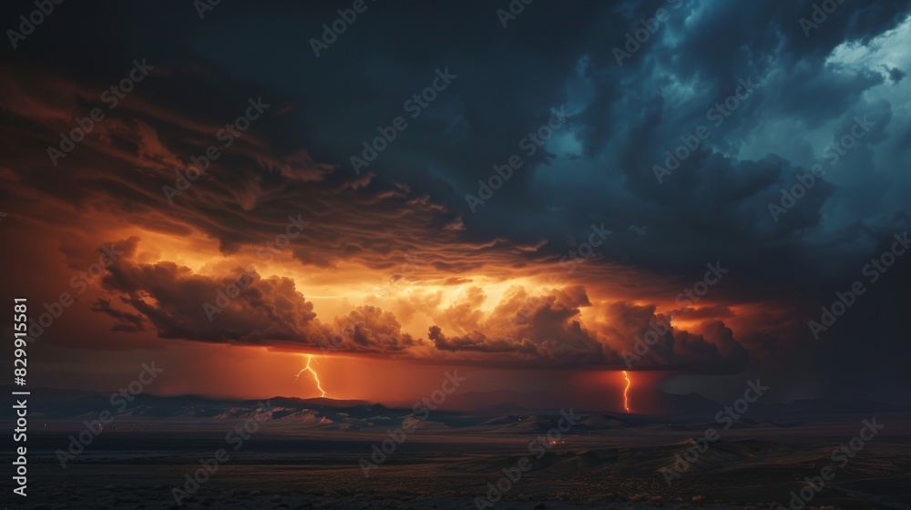 Dramatic storm clouds illuminated by lightning flashes, casting an eerie glow over the landscape below.
