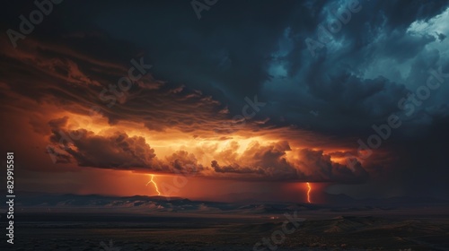 Dramatic storm clouds illuminated by lightning flashes, casting an eerie glow over the landscape below.