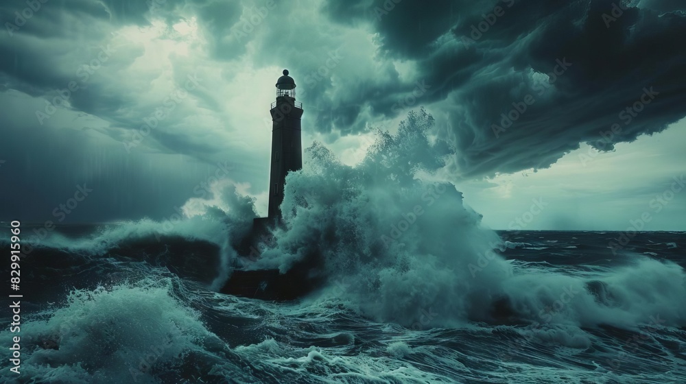 ancient sea lighthouse standing tall against massive waves and stormy sky dramatic seascape