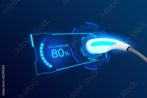 Power cable pump plug in charging power to electric vehicle EV car with modern technology on hi tech blue future background. Vector illustration.