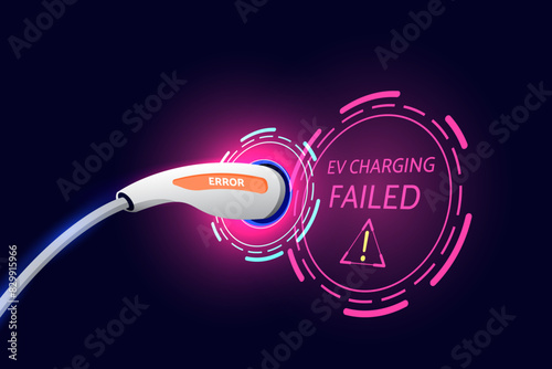 Power cable pump plug in charging power to electric vehicle EV car with modern technology on hi tech  background. EV charging failed .Vector illustration.