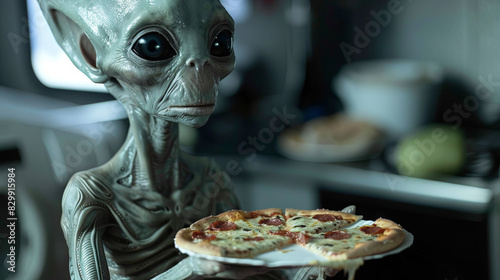 Alien holding pizza in his hands photo