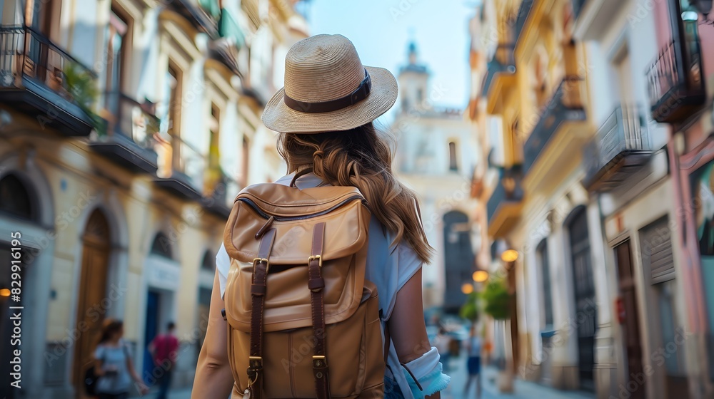 Young woman tourist wearing hat and backpack walking down the street in city center of Malaga, Spain on summer vacation. Travel concept.