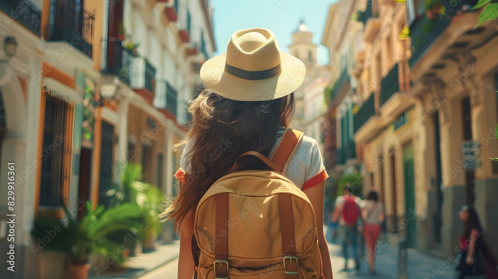 Young woman tourist wearing hat and backpack walking down the street in city center of Malaga, Spain on summer vacation. Travel concept. Young woman tourist wearing hat and backpack walking down the street in city center of Malaga, Spain on summer vacation. Travel concept.
