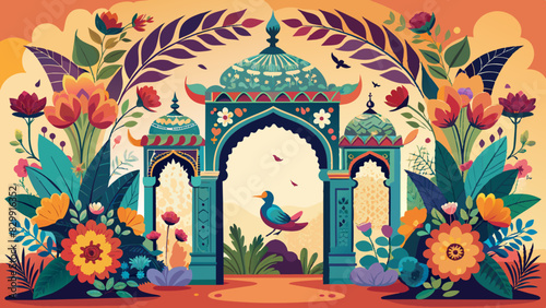Indian Arches Wedding Invitation Border , Regal Peacock Border Vector for Wedding Invitations