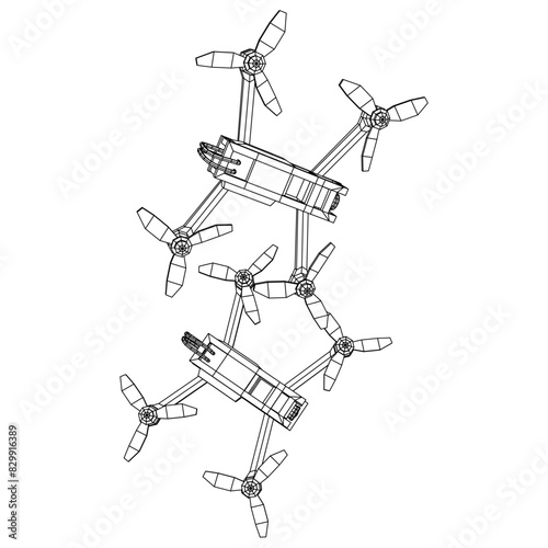 FPV Drone Racing freestyle sport flight. Hobby toys. Wireframe low poly mesh vector illustration.