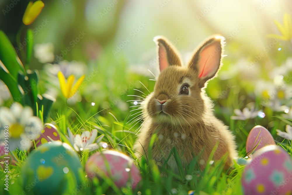 Fototapeta premium Bunny with Easter eggs on grass