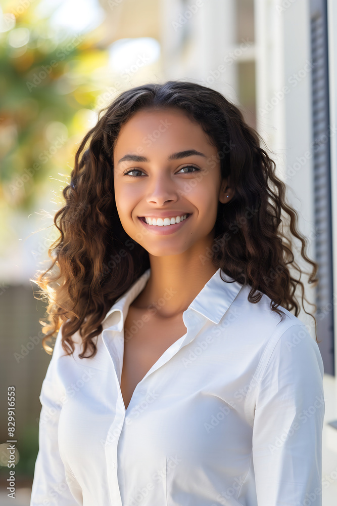 Confident smiling diverse young businesswoman real estate agent business corporate portrait standing in front of modern home property for sale.