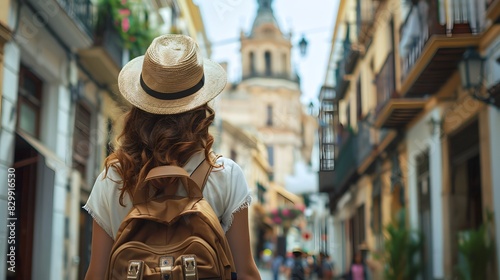 Young woman tourist wearing hat and backpack walking down the street in city center of Malaga, Spain on summer vacation. Travel concept. © horizor