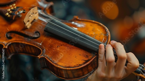 A musician's hands tuning a violin, adjusting the pegs to achieve the perfect pitch. Minimal and Simple style photo