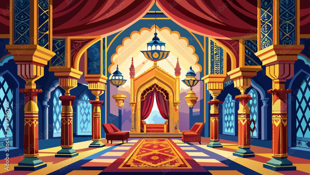 Obraz premium Mughal Palace Design: Ornate Chandeliers, Arches, and Plush Carpets
