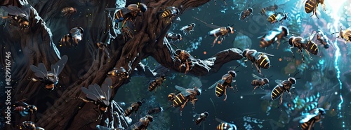 Illustrate a swarm of metallic robotic bees hovering around a decaying tree photo