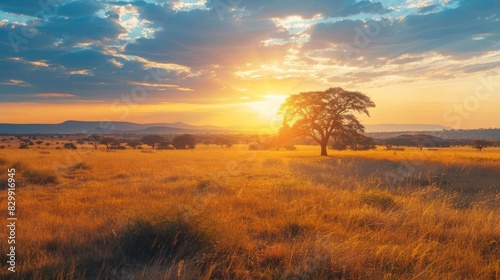 majestic african savanna landscape at golden sunset wilderness travel concept photo