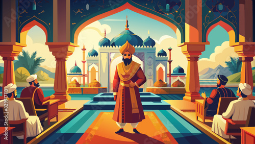 Mughal Court Scene Vector, Richly Decorated Interiors

