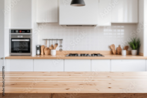 Wooden table on blurred kitchen bench background. Empty wooden table and blurred kitchen background