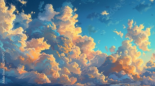 Puffy cumulus clouds dotting the sky like cotton balls  against a backdrop of deep blue and hints of orange at sunset.