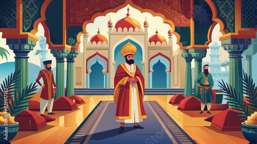 Mughal Court Scene Vector, Richly Decorated Interiors

