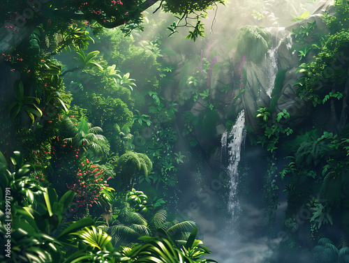 Lush green tropical rainforest landscape with waterfall