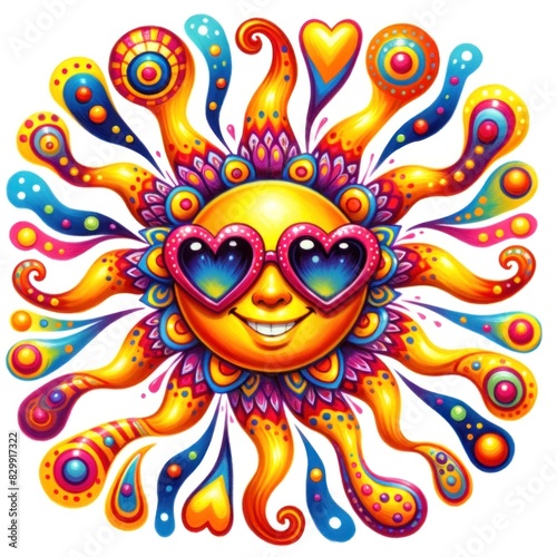 A gouache illustration of a groovy sun with a radiant burst of psychedelic patterns, ideal for vibrant, retro-themed artistic expressions.