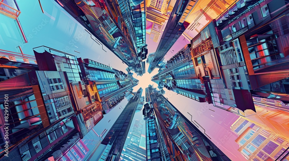 Illustrate the industrial cityscape with a whirl of kaleidoscope ...